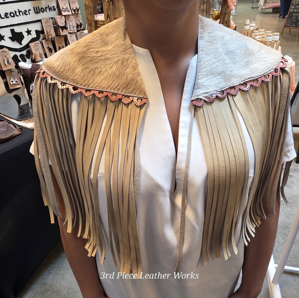 Leather Fringe Capelet with Hair-On Hide and Pink Trim
